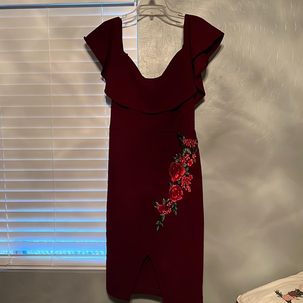 Off the shoulder maroon under knee dress